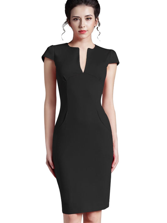 Solid Deep V-Neck Zipper Back Pencil Bodycon Pocket Office/Work Midi Dress