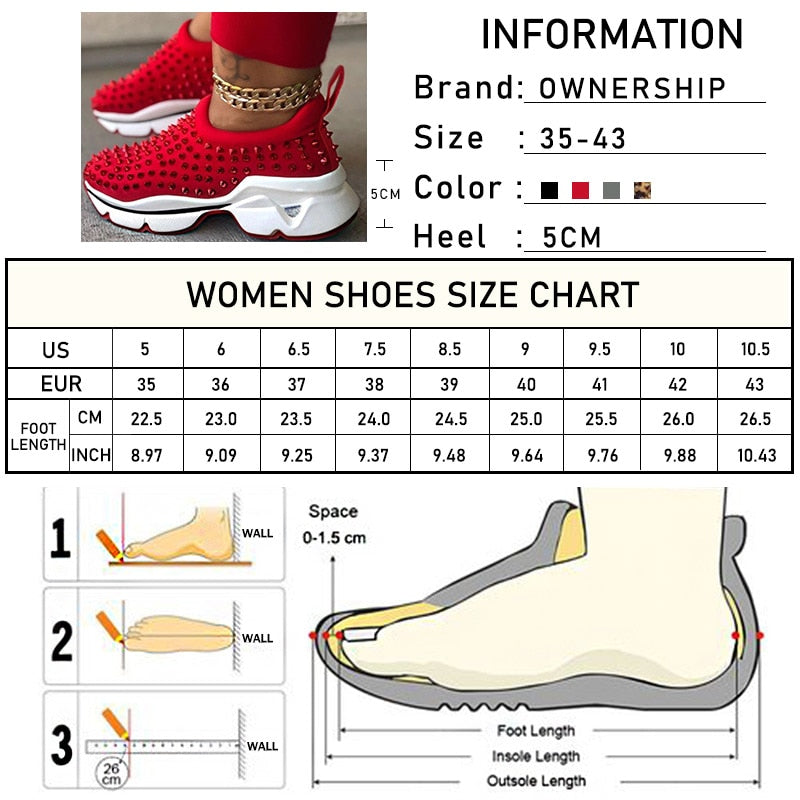 Vulcanized Riveted Platform Wedge Ladies Slip On Sneakers