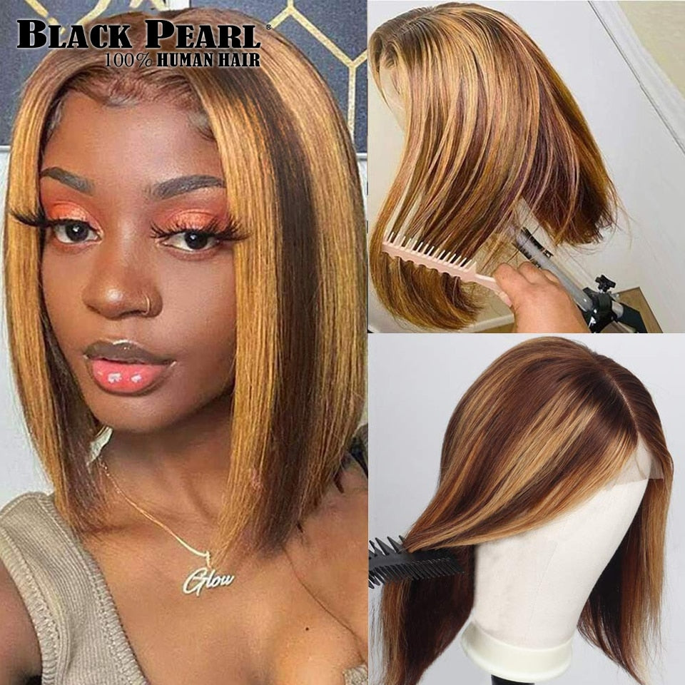 Ginger Short Bob Lacefront Human Brazilian Hair Bone Straight Wigs