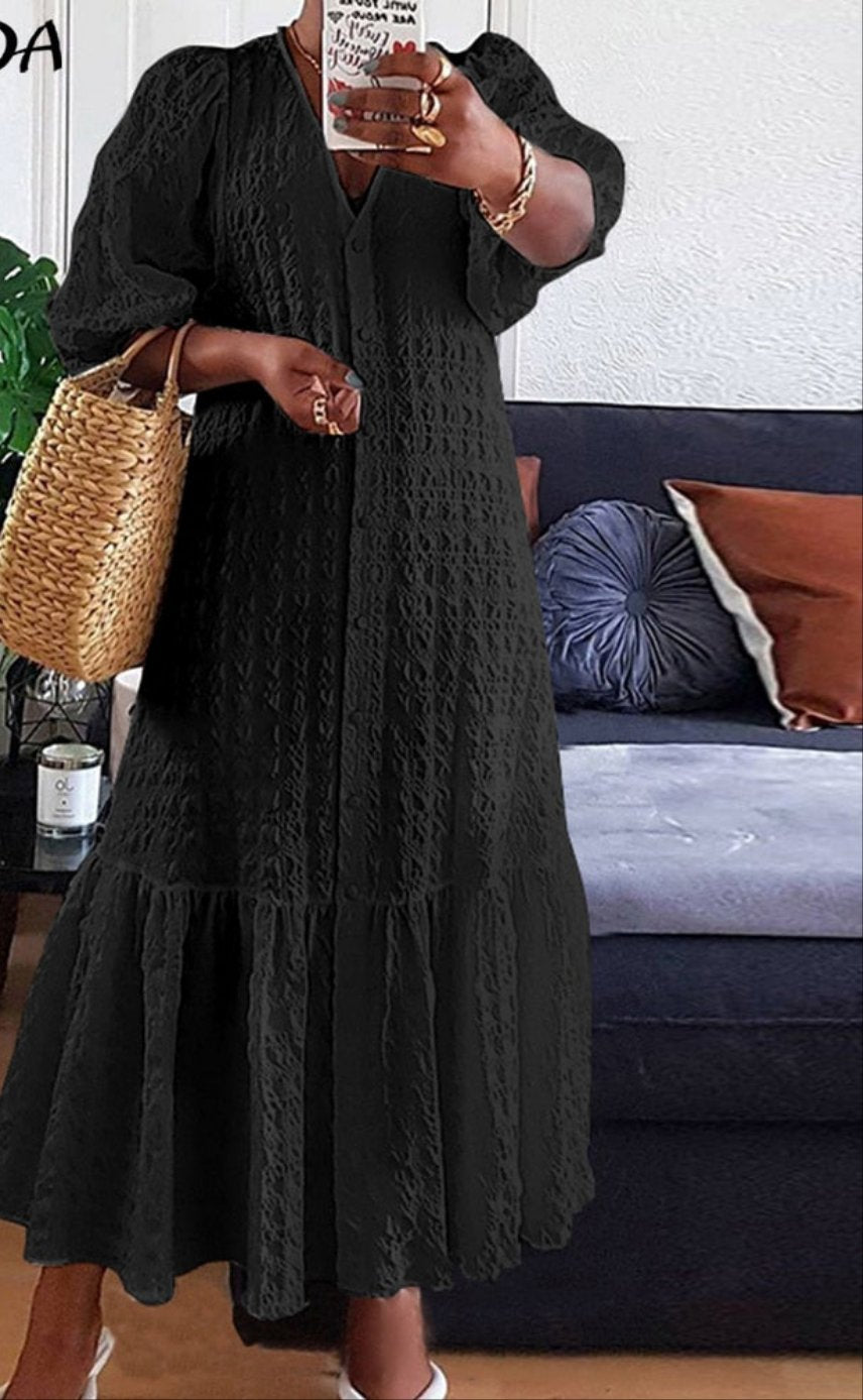 Solid Ruffled Hem Bohemian Button-Up V-Neck Puff 1/2 Sleeve Maxi Shirt Dress to 5X