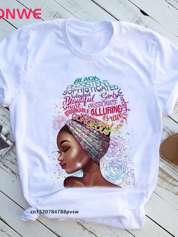 Women's African White T-Shirt Girl Black Queen Lip T-Shirt