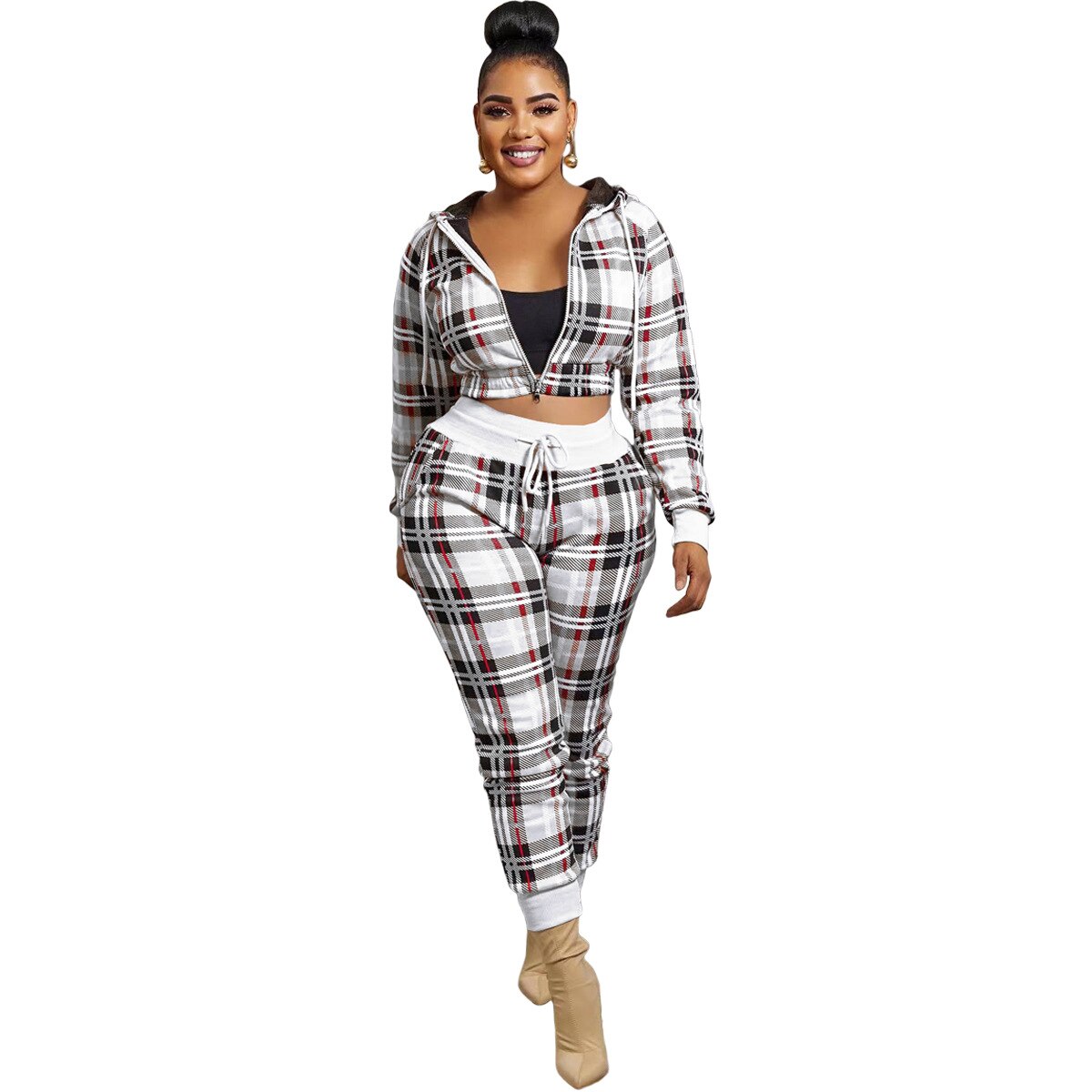 Plaid Ladies Long Sleeve Cropped Zipper Jacket + Matching Sweatpants Tracksuit to 3X Plus Size