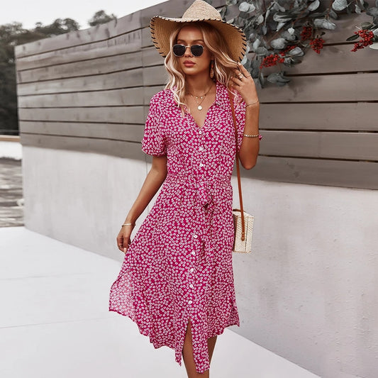 Floral Print Button Front Turn-Down Collar Short Sleeve Bohemian Midi Shirt Dress w/ Sash Belt