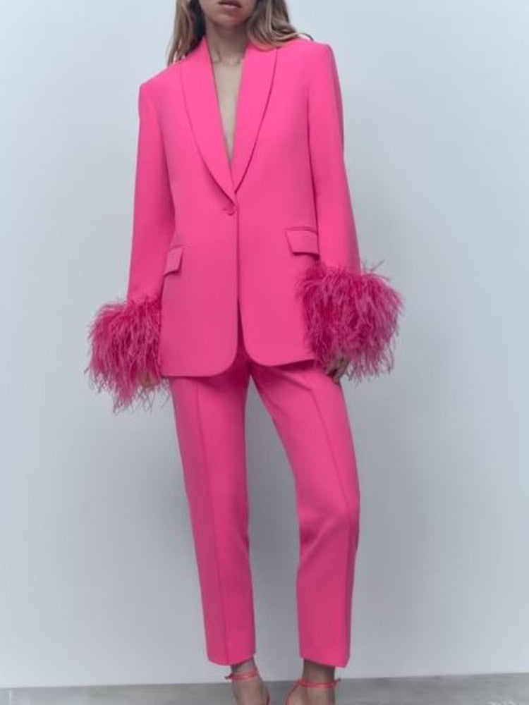 Hot Pink Feather Blazer + Slacks Women's Suit