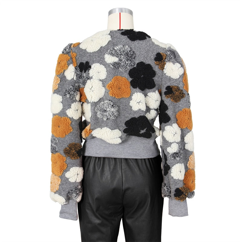 Vintage 3D Women's Embroidered Flower Design Long Sleeve Wool Crop Jacket