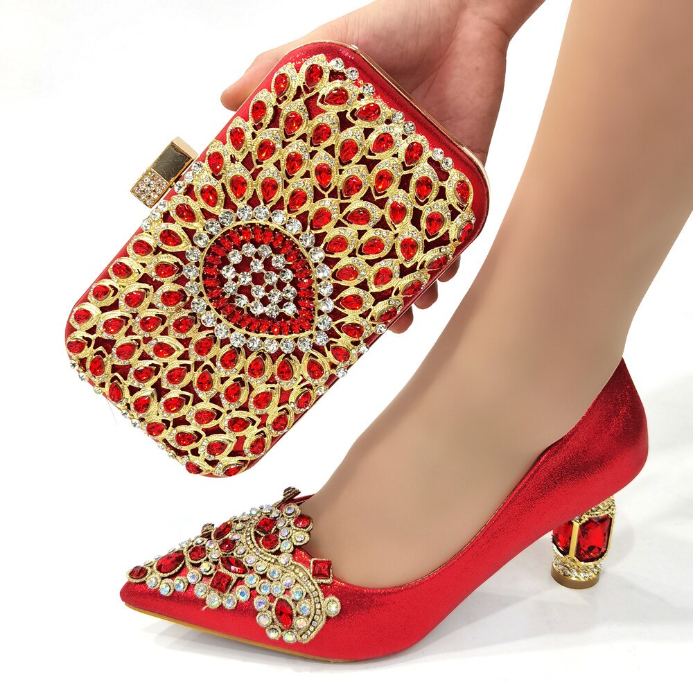 Italian Women's Catwalk Heels Pointed Rhinestone Embroidered Party Shoes & Bag Set