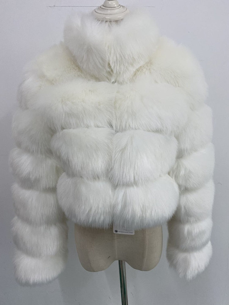 Faux Ladies Cropped Fox Fur Stand Collar Jacket