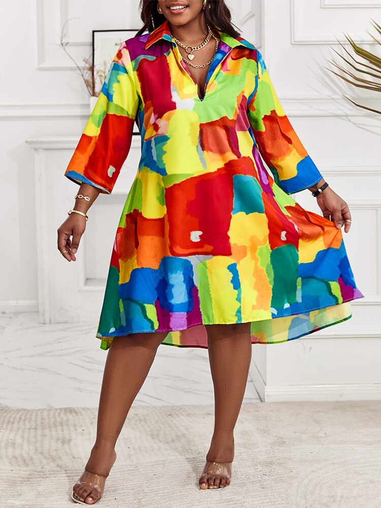 Geometric Abstract Printed V-Neck Loose Long Sleeve Shirt Dress to 4X Plus