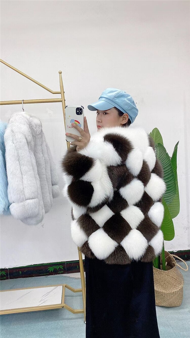 REAL FOX FUR Ladies Plaid Checkerboard Pattern Jacket