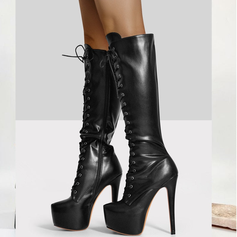 Lace-Up Round Toe Stiletto Platform Zipper Knee High Boots