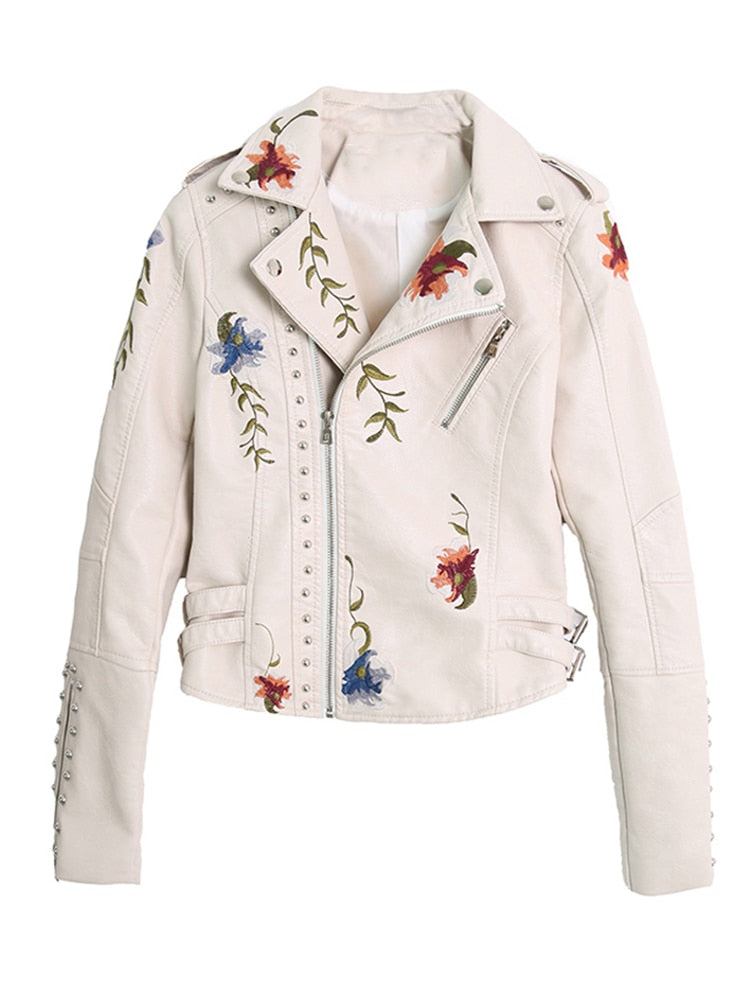 Women's Floral Embroidered Faux Leather Turn-down Collar Motorcycle Punk Jacket