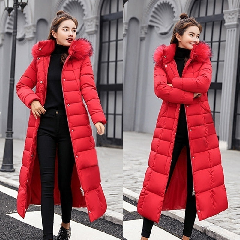 Quilted Hooded Goose Down Women's Bow Belt Fox Fur Collar Trenchcoat