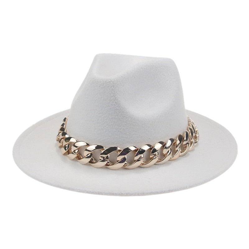 Unisex Gold Chain Design Wide Brim Panama Fedora Hat