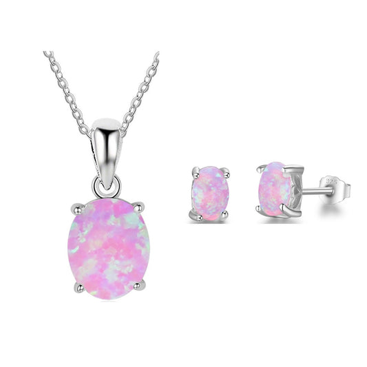 Pink Opal Ring, Pendant Necklace + Stud Earrings Jewelry Set