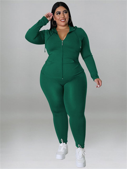 Zipper Hooded Solid Ladies Plus Size Tracksuit to 5X