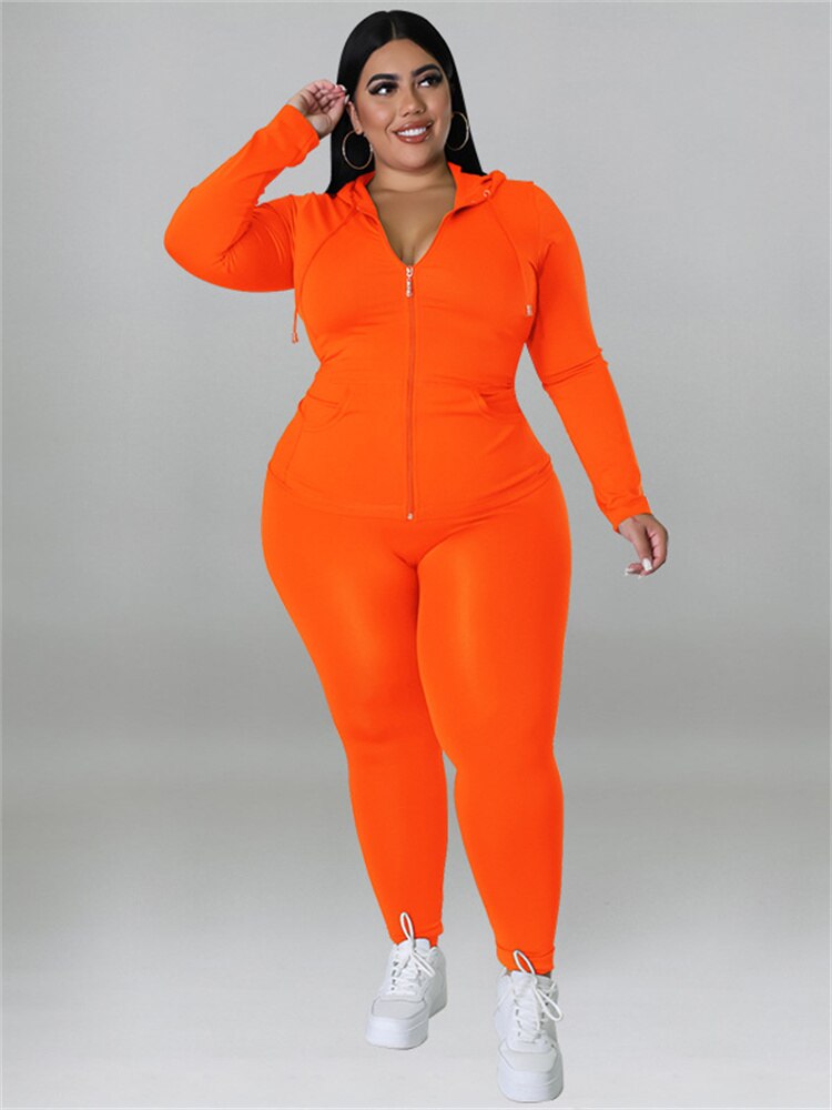 Zipper Hooded Solid Ladies Plus Size Tracksuit to 5X