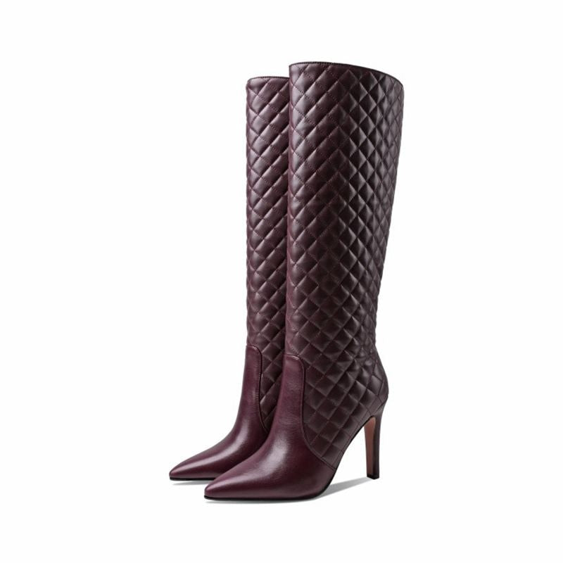 Quilted Genuine Leather Low Square Heel Knee High Boots