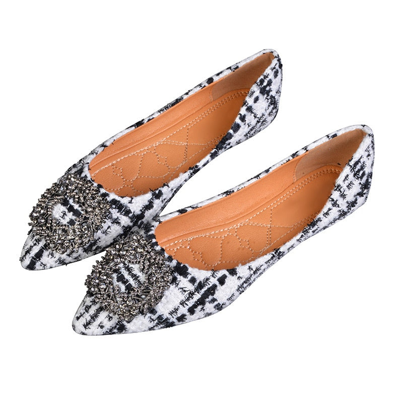 Pendant Detail Pointed Toe Office Ladies Plaid Flats