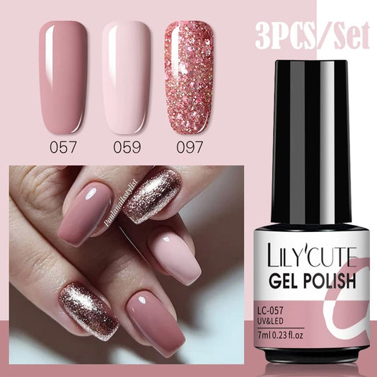 3 Piece Gel Polish Set: Winter Color Glitter Sequin Matte Effect Gel, Long Lasting Base Top Coat Nail Art Design