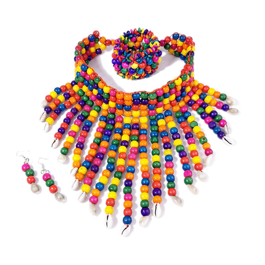 Beaded Wood Rainbow Color Bohemian Jewelry Set-Choker Necklace, Earrings & Bracelet