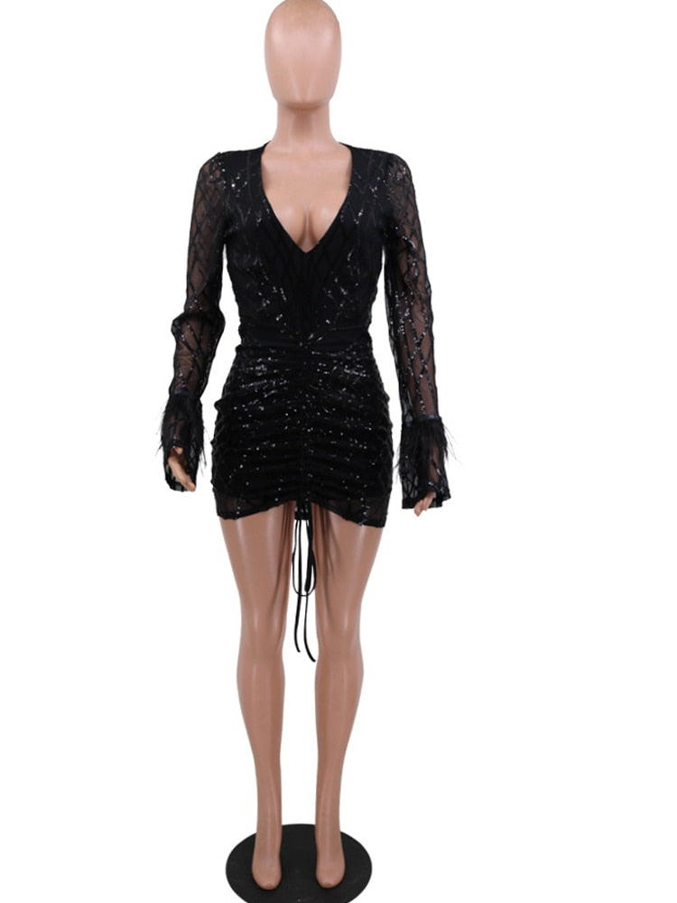 Mini Ruched Feather Patchwork Bodycon Party Dress