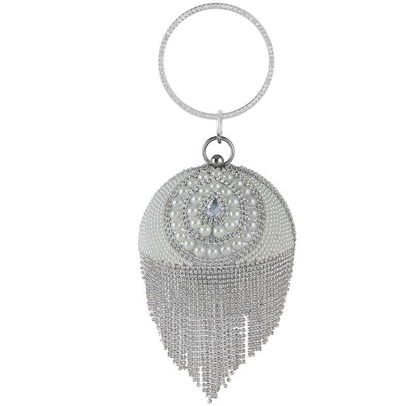 Diamond Tassel Basketball Metal Crystal Clutch Purse w/ Ring Handle