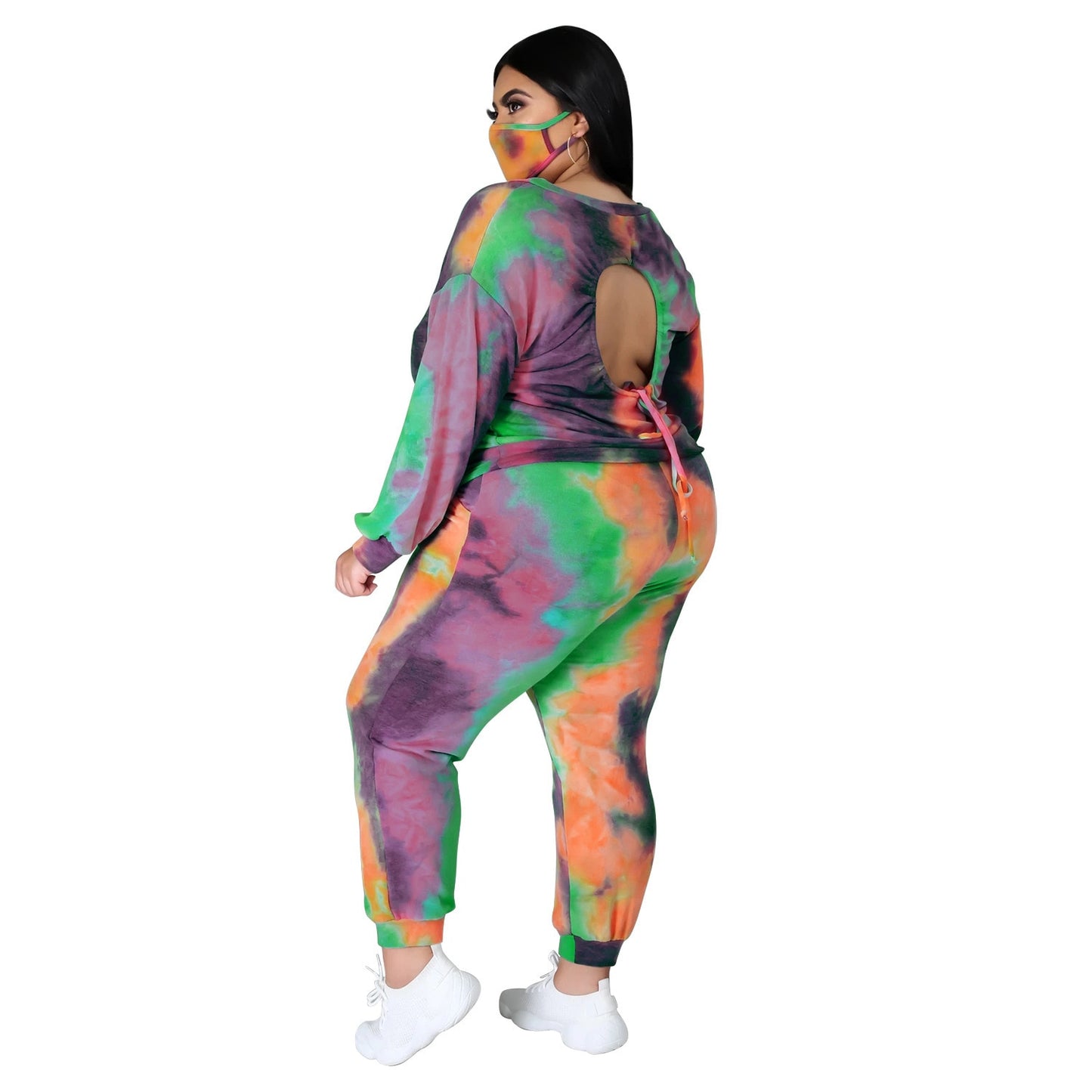 Tie-Dye Hollow-Out Open Lace-Up Back Long Sleeve Pullover Sweatshirt + Sweatpants Women's Tracksuit to 5X Plus Size