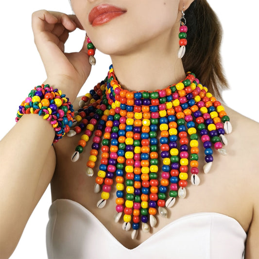 Beaded Wood Rainbow Color Bohemian Jewelry Set-Choker Necklace, Earrings & Bracelet