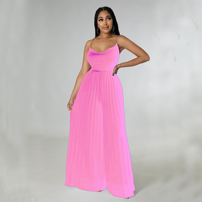 Pleated Chiffon Spaghetti Chain Strap Backless Wide Leg Jumpsuit