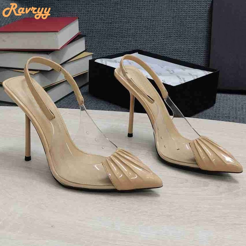 PVC Cover Pointed Toe Patent Leather Pleated Stiletto Heel Back Strap Sandal Pumps