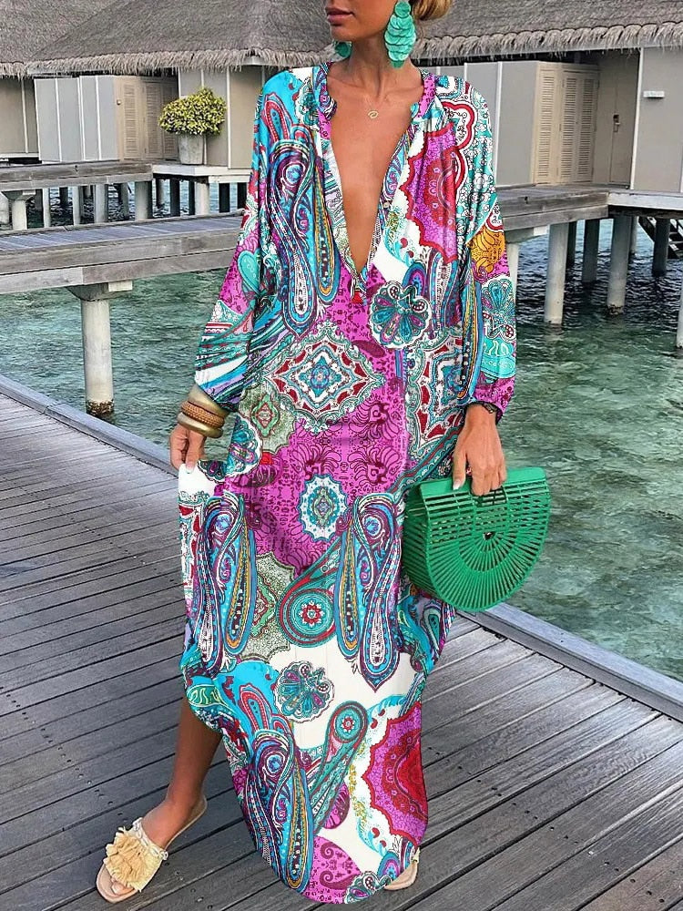 Bohemian Deep V-Neck Vintage Print Long Sleeve Maxi Dress