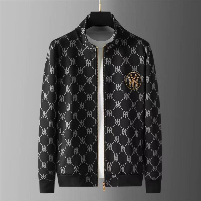 Men's Designer Monogram Print O-Neck Long Sleeve Zipper Jacket + Matching Sweatpants Tracksuit