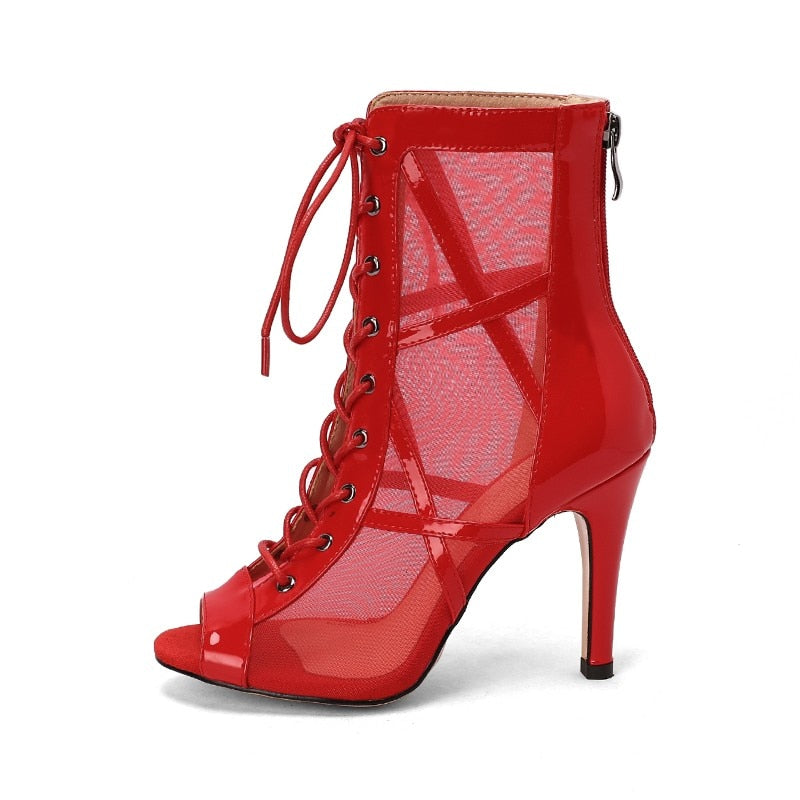 Patent Leather Patchwork Mesh Cross Tie Up Open Toe Ankle Boots