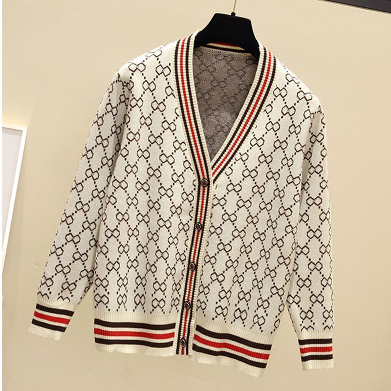 Jacquard Monogram Print Long Sleeve Jacket Button Ladies Sweater