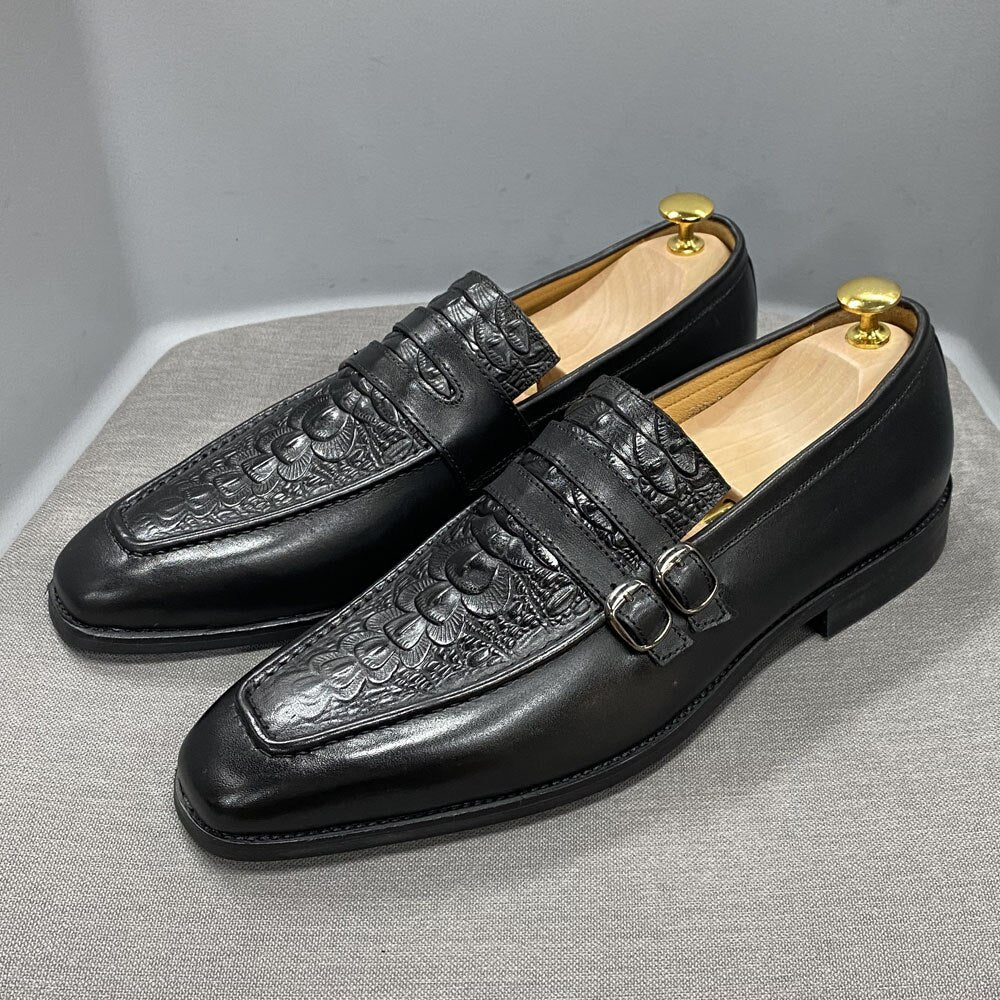 Men's Genuine Leather Crocodile Print Wedding Loafers Double Buckles Formal Slip on Mens Shoes