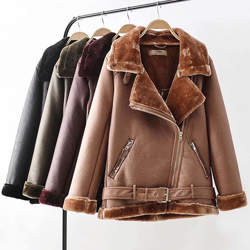 Cross Zipper Turn-Down Velvet Faux Fur Collar Biker Motorcycle Bomber Jacket w/ Belt