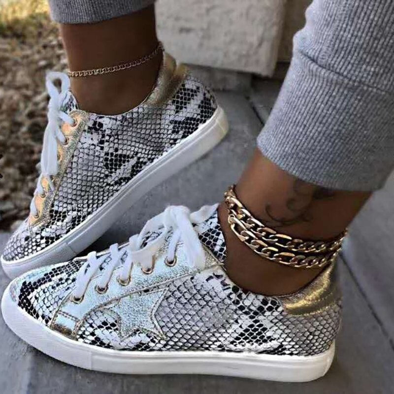 Women's Serpentine Snake Print PU Leather Vulcanized Sneakers