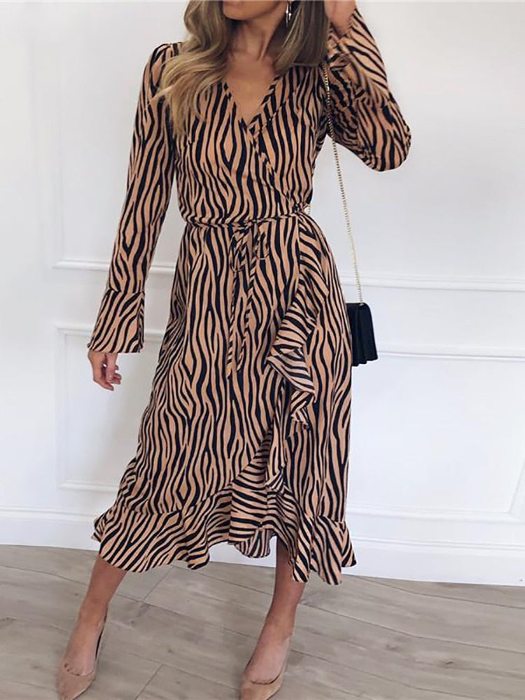 Zebra Print Bohemian Long Sleeve V-Neck Ruffled Party Dress