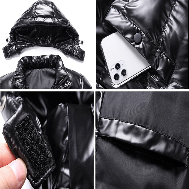 Men's Shiny Down Hooded Thermal Bomber Jackets