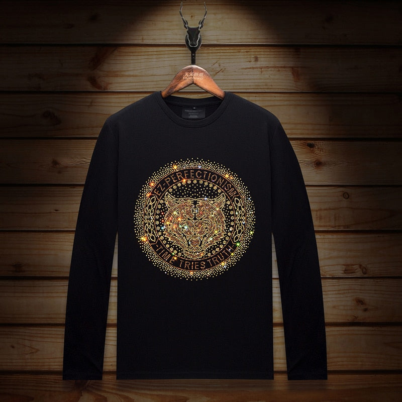 Men's Tiger Rhinestone O-Neck Long Sleeve T-Shirts