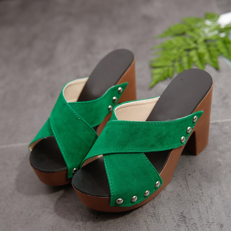 Square High Heel Platform Flock Rivet Peep Toe Sandals