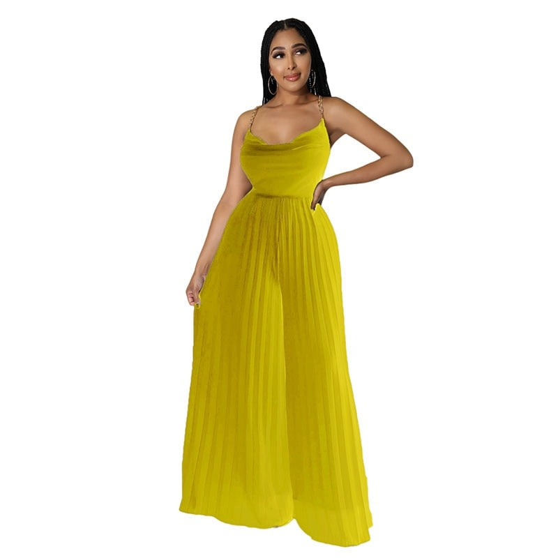 Pleated Chiffon Spaghetti Chain Strap Backless Wide Leg Jumpsuit