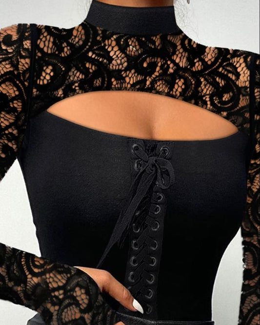 Contrast Lace Long Sleeve Eyelet Lace-up Cutout Top