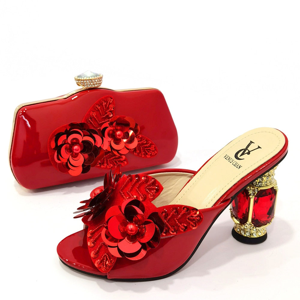 Women's Solid Color Rose Embellished Sandals w/ Matching Clutch Purse 2-Piece Set