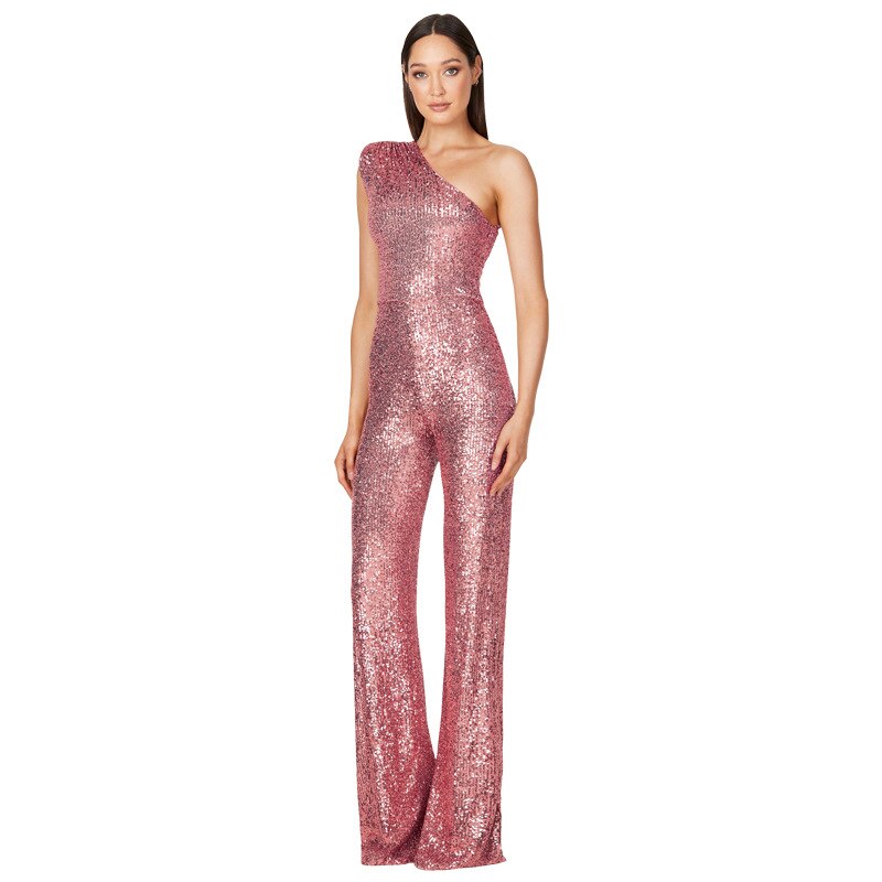 Glitter Asymmetrical Sequin V-Neck One Shoulder Wide Leg Jumpsuit