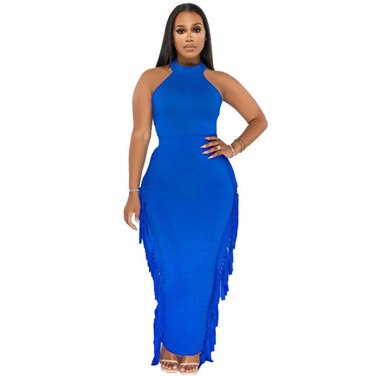 Tassel Design Sleeveless Top + Bodycon Maxi Skirt Matching Set