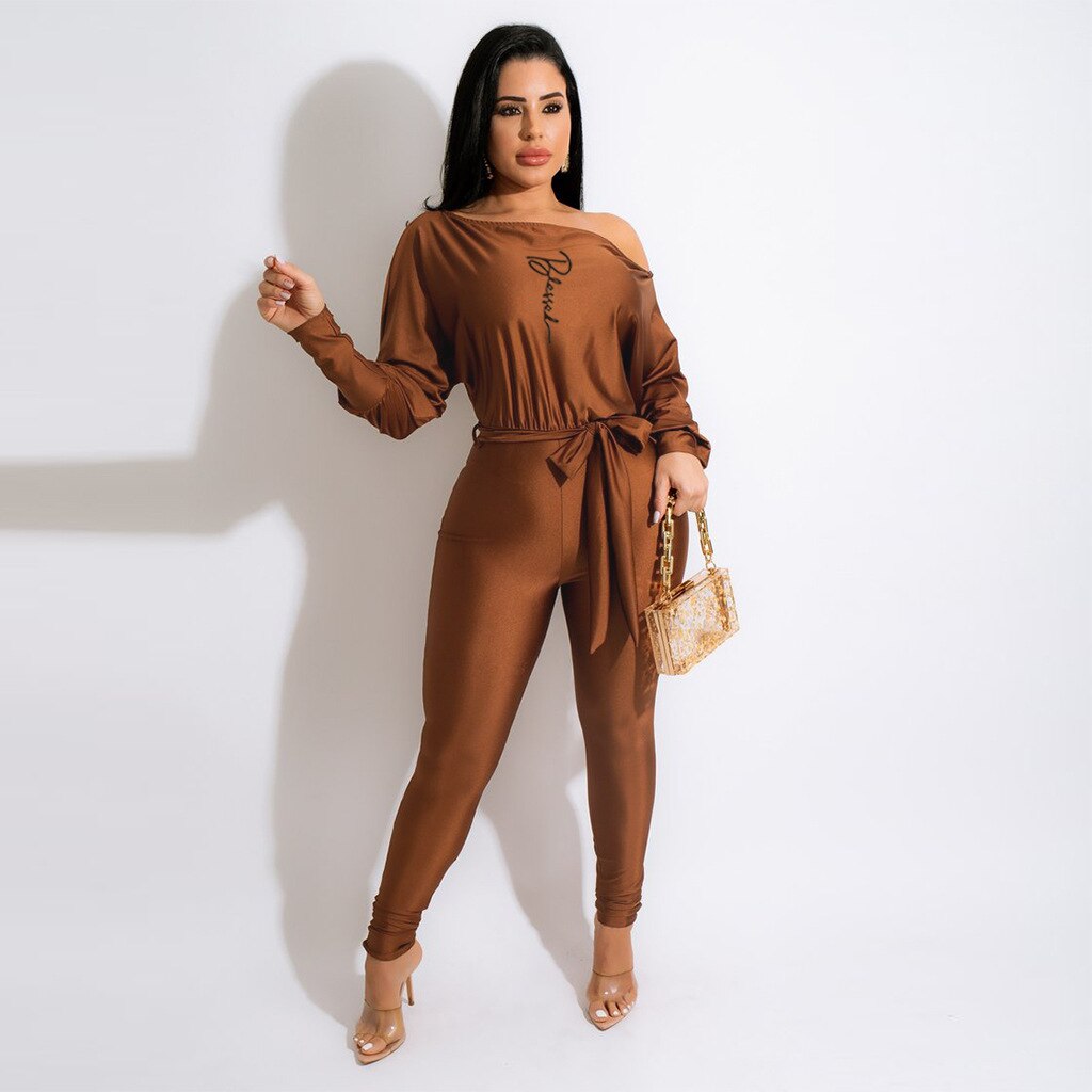 Shoulderless Long Sleeve Letter Print Belt Jumpsuit w/ Belt