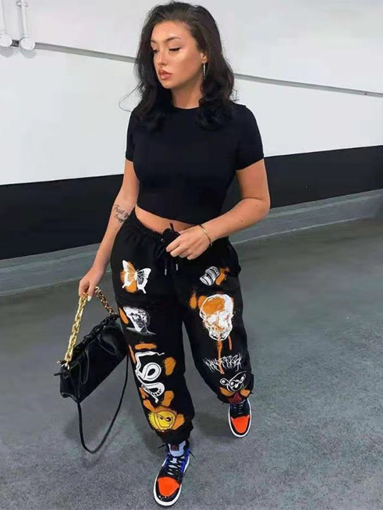 Butterfly Skull Snake Cartoon Print Drawstring Women's Cargo Sweatpants