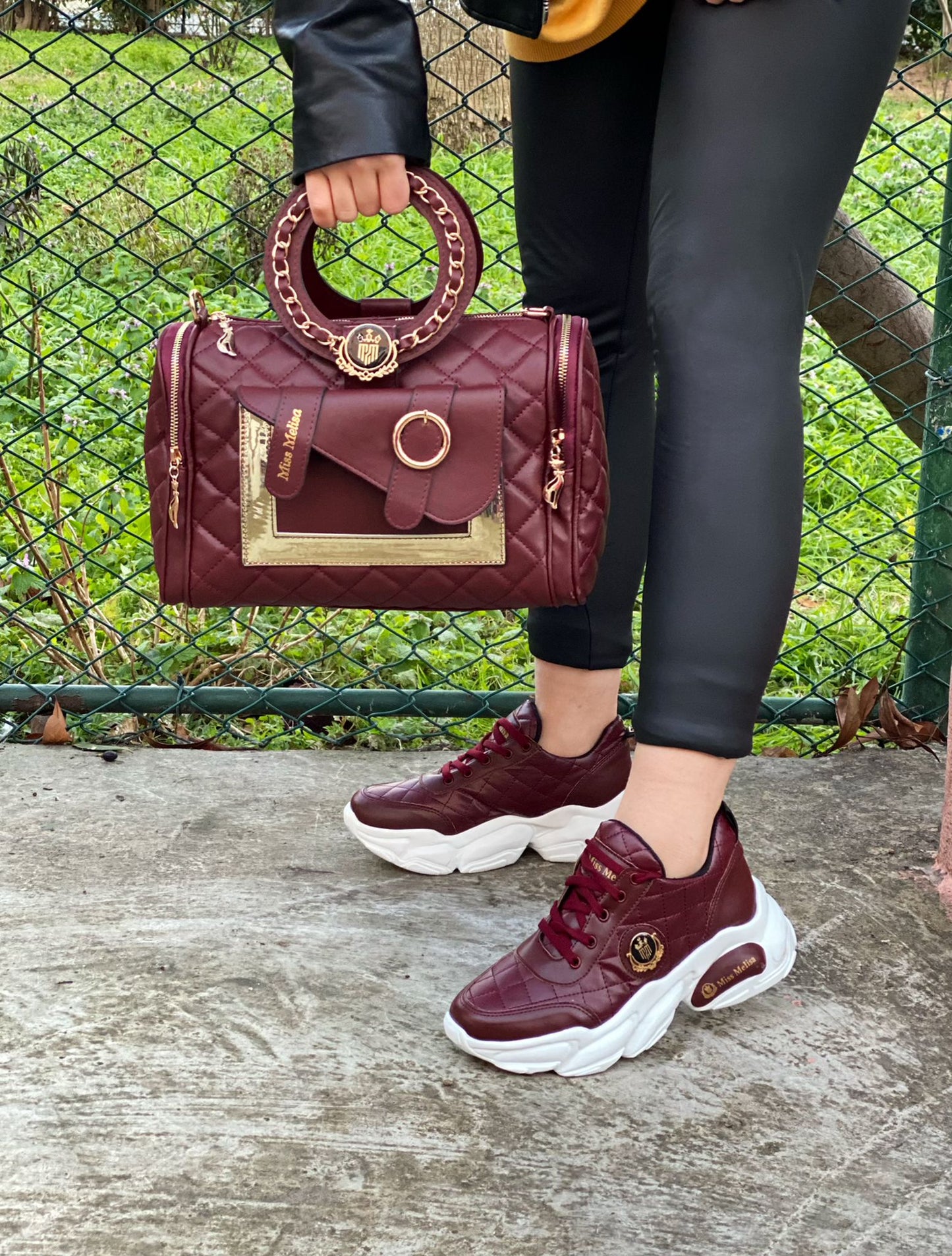 Burgundy/Gold Women's Sneakers Shoes & Purse Set