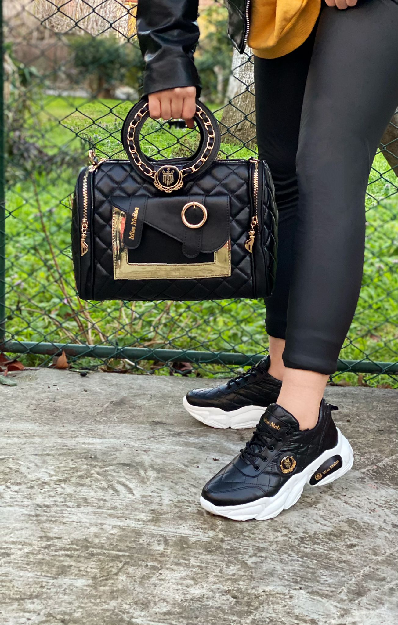 Black/Gold Ladies Shoe & Purse Set  Women's Sneakers & Purse Set